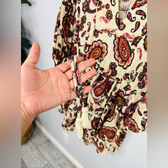 Zara Boho Chic Paisley Print Mini Tassle Mid Sleeve Dres w Quilted V Neck - Picture 7 of 8